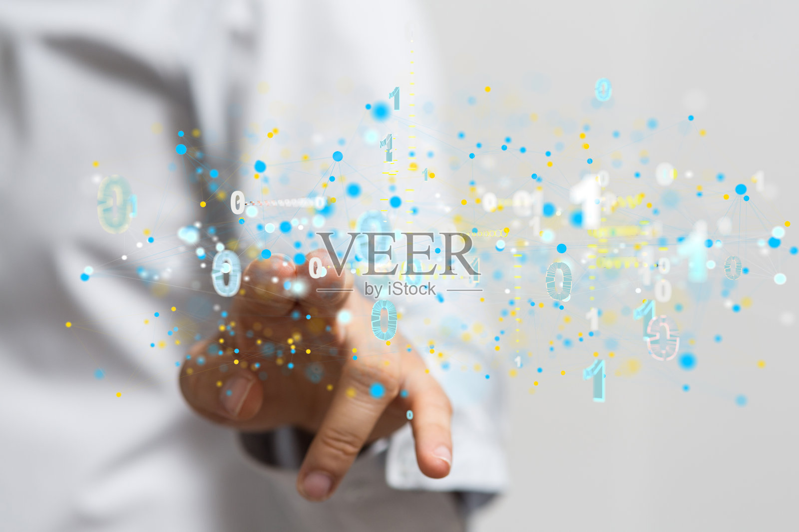 手指指向模糊背景上的数字连接细胞照片摄影图片