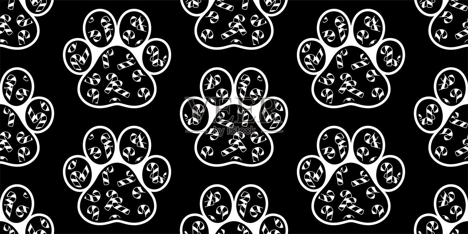 狗爪无缝模式足迹圣诞糖果拐杖矢量圣诞老人卡通瓷砖背景礼物包装纸重复壁纸插图围巾孤立的设计插画图片素材