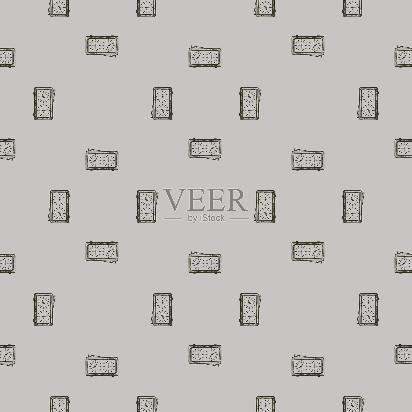 象棋时钟刻无缝图案。复古手表象棋游戏的手绘风格。素描纹理的织物，墙纸，纺织品，印刷，标题，包装纸。矢量插图。插画图片素材