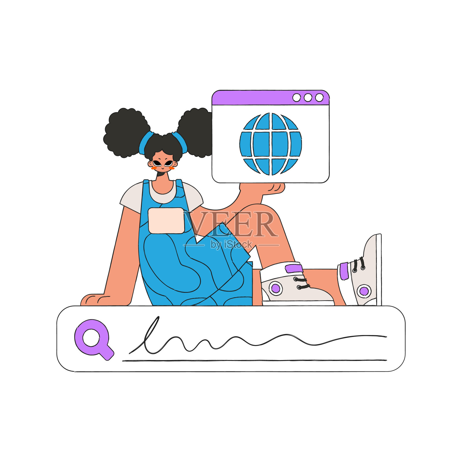 一位女士坐在搜索栏上，手里拿着一个浏览器窗口。搜索信息。线性复古风格的性格。插画图片素材