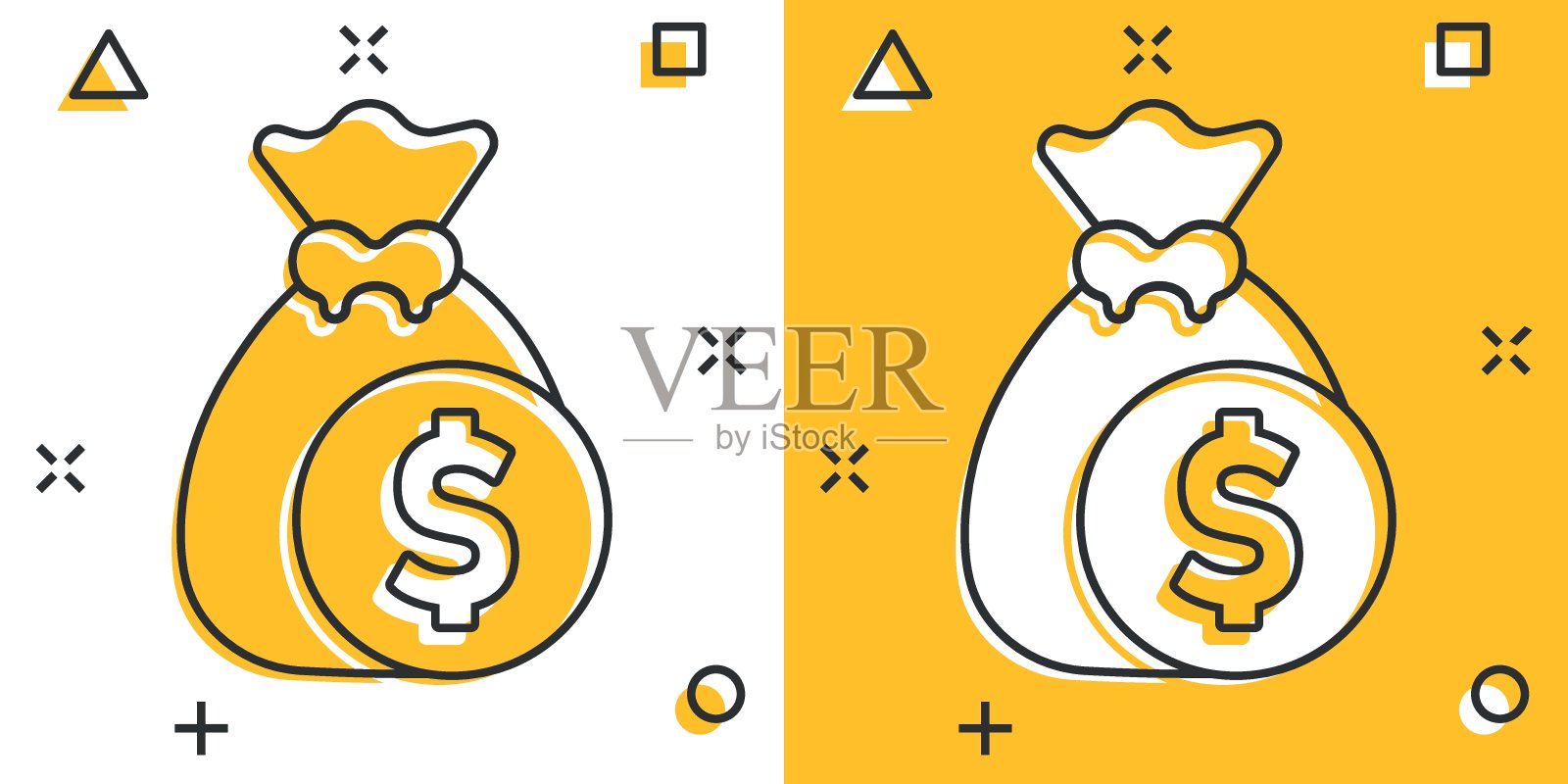 钱袋图标在漫画风格。钱袋卡通矢量插图孤立的背景。硬币袋飞溅效果招牌经营理念。插画图片素材