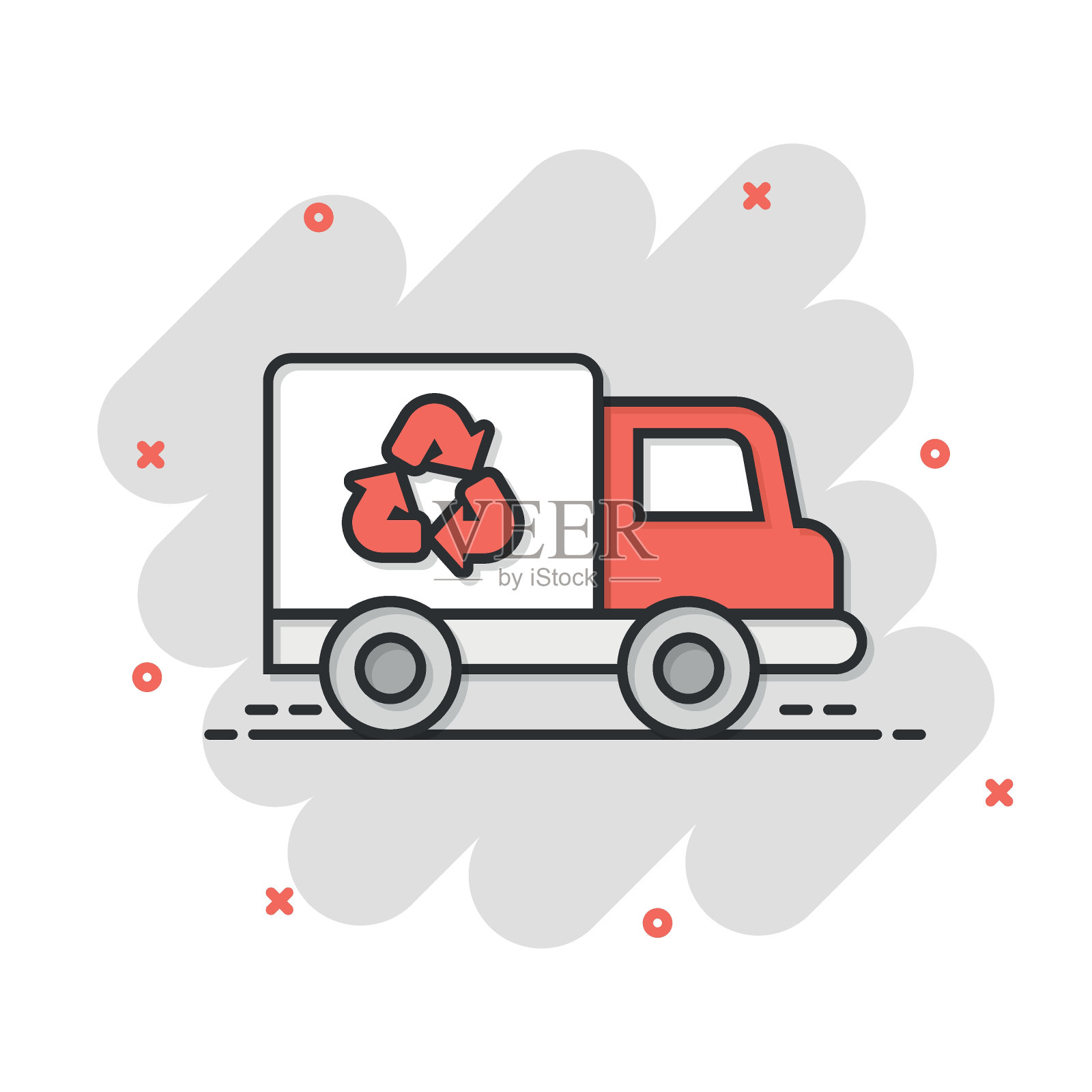 漫画风格的垃圾车图标。回收卡通矢量插图在白色孤立的背景。垃圾车飞溅效果招牌经营理念。插画图片素材