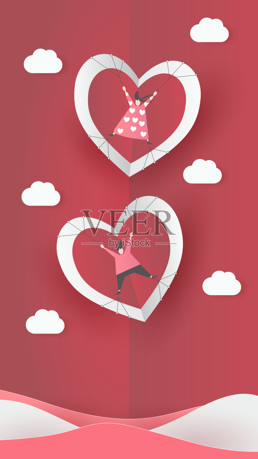 可爱的爱心剪纸情人节。可爱的男孩女孩飞翔的心插画图片素材