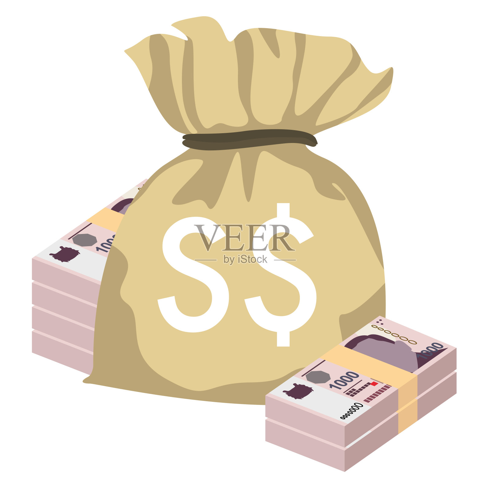 新加坡元矢量插图。新加坡、文莱货币集捆钞。钱袋1000新币。平的风格。孤立在白色背景上。简单的最小设计。插画图片素材
