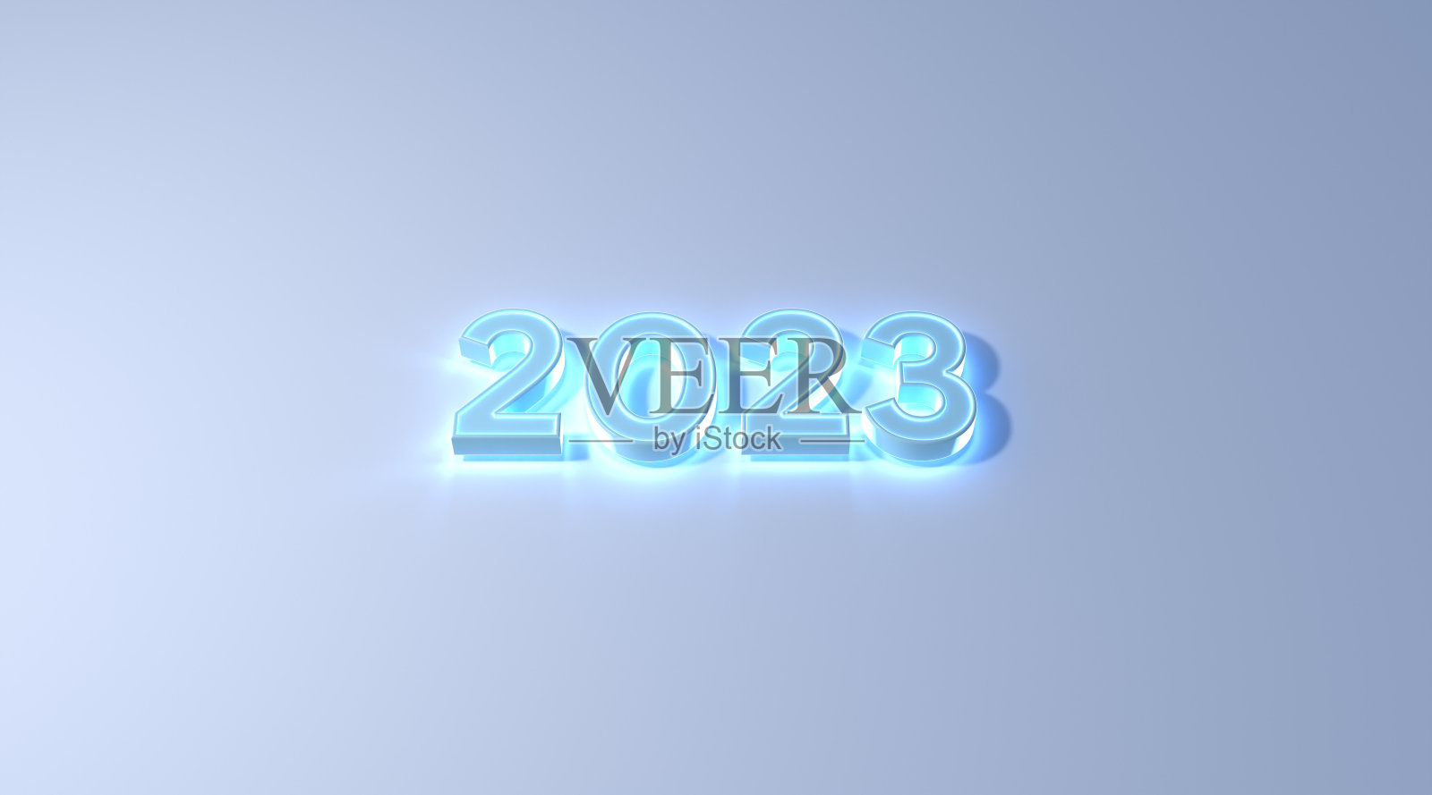 2023年新年蓝色霓虹灯效果在白底3d插图渲染。新年快乐概念照片摄影图片