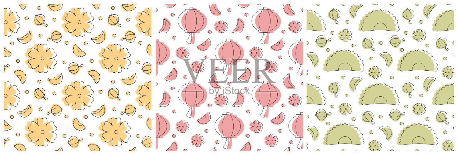 一套中国农历新年2023天无缝图案装饰模板手绘卡通平面插图设计模板素材