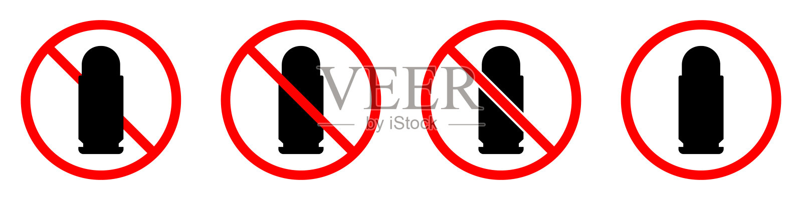 禁止子弹的标志。禁止使用墨盒。一套红色的子弹禁止标志。插画图片素材
