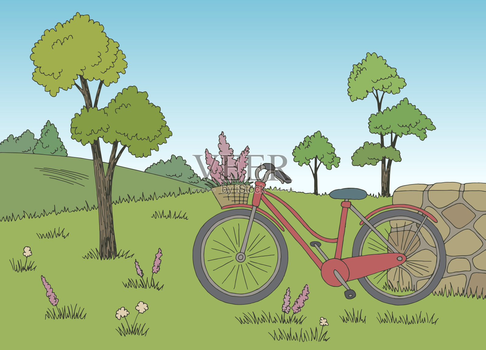 自行车在田野图形彩色景观素描插图矢量插画图片素材