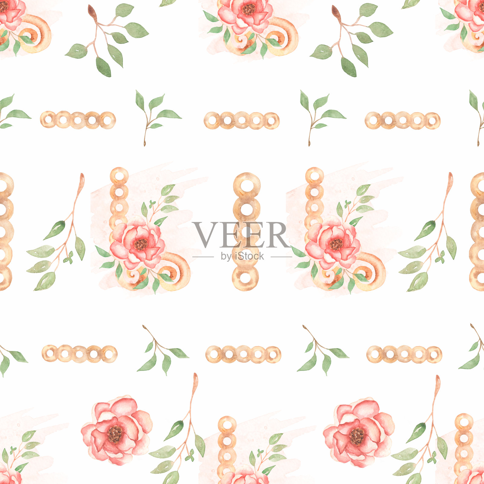 美丽，无缝，瓷砖图案与水彩花束，枝叶，牡丹花盛开。的背景。插画图片素材