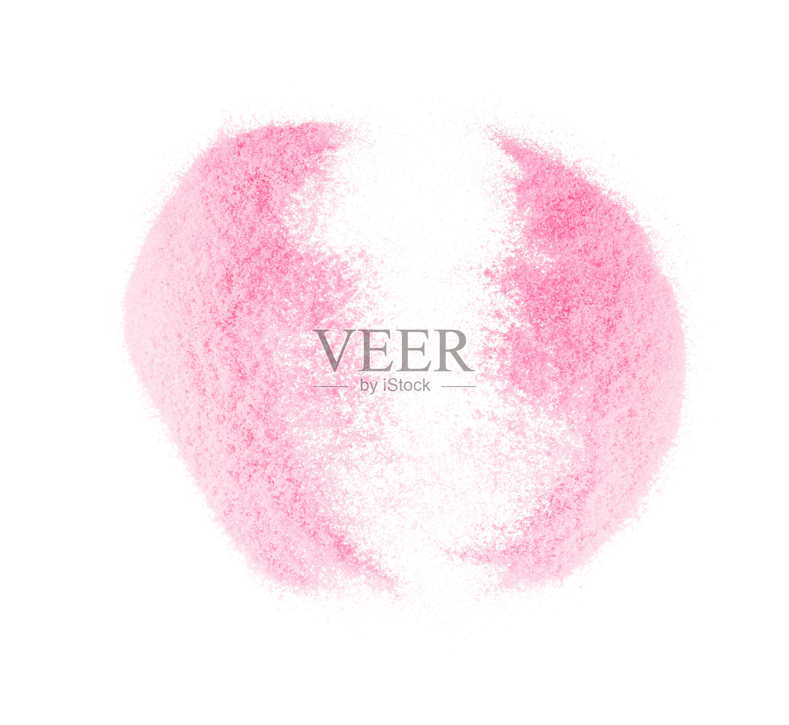 小尺寸细粉沙粒飞爆圆状分开一半，崩解，沙粒波爆。抽象的云飞。粉红色的沙子飞溅在空气中。白色背景隔离照片摄影图片