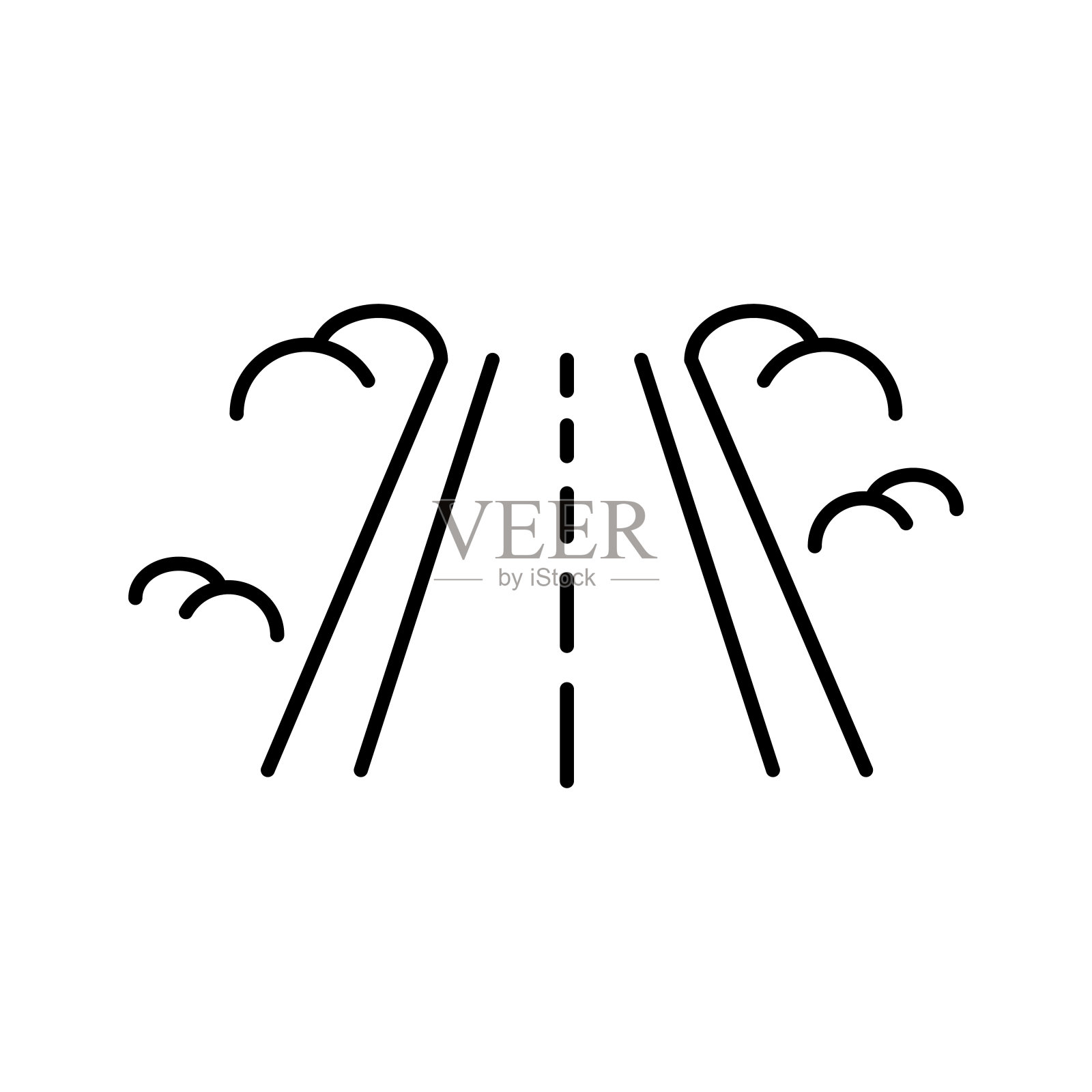 道路线图标。道路，路边，标记，高速公路，高速公路，灌木丛，草，旅行，汽车，路径，方向，速度，运动。旅行的概念。矢量黑线图标在白色背景插画图片素材