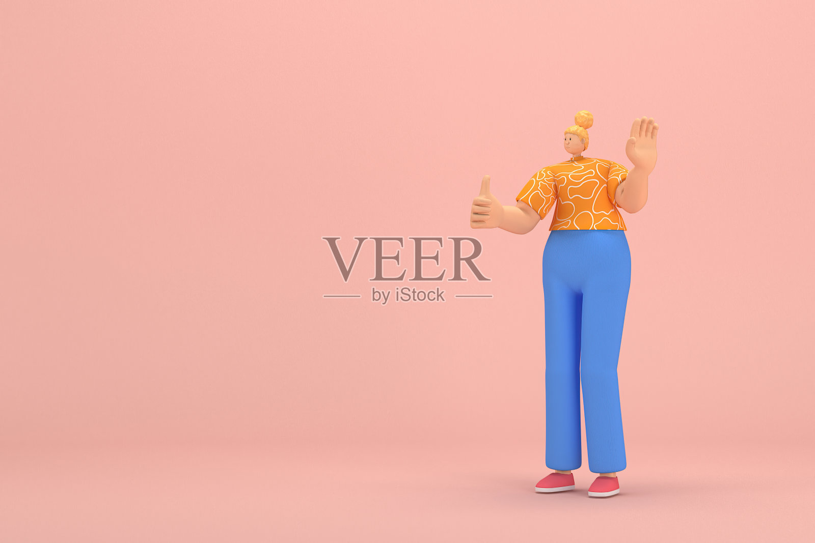 金发扎成发髻的女人穿着蓝色灯芯绒裤子和橙色白色条纹t恤。她说话时总是用手做手势。动画角色在表演中的三维渲染。照片摄影图片