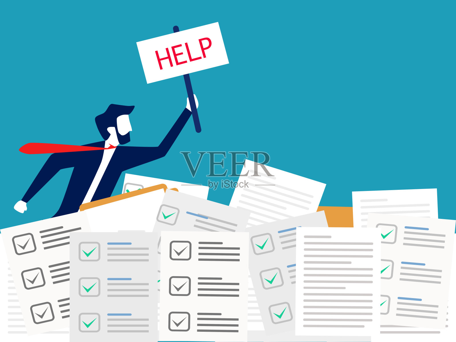 从事文书工作的商人雇员需要帮助。努力工作和忙碌的概念插画图片素材