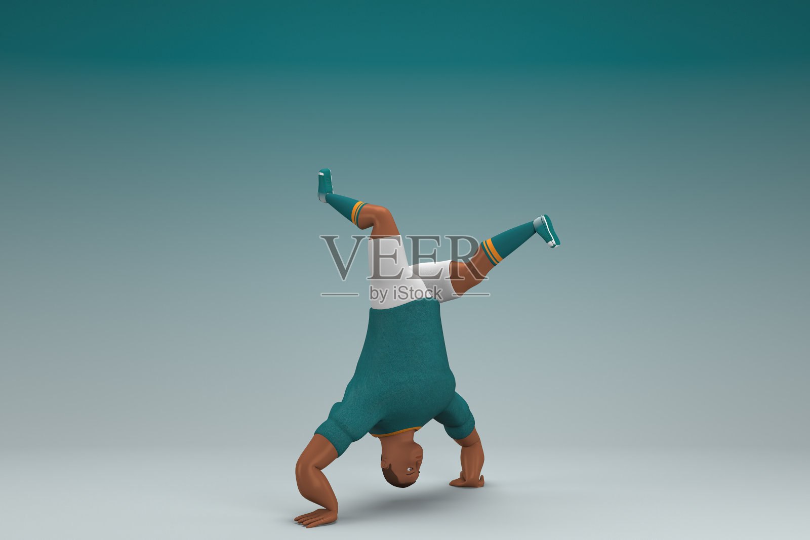 穿着绿色衬衫和白色裤子的运动员。他正在做运动。动画角色在表演中的三维渲染。照片摄影图片