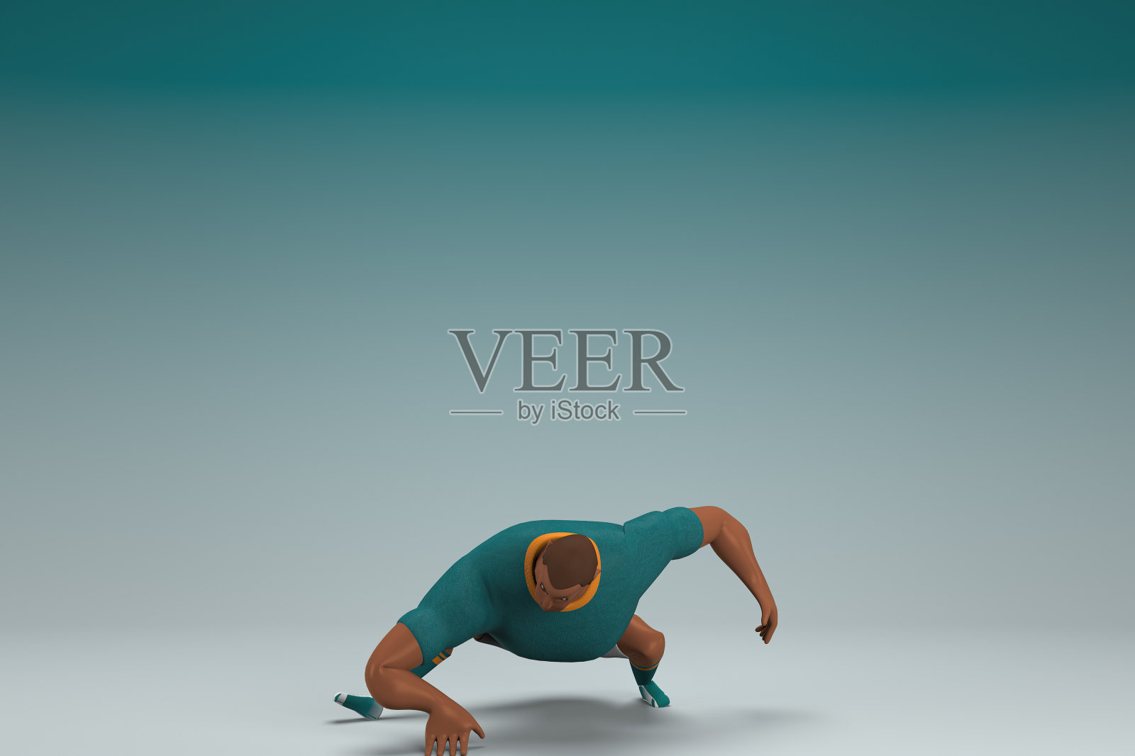 穿着绿色衬衫和白色裤子的运动员。他正在做运动。动画角色在表演中的三维渲染。照片摄影图片