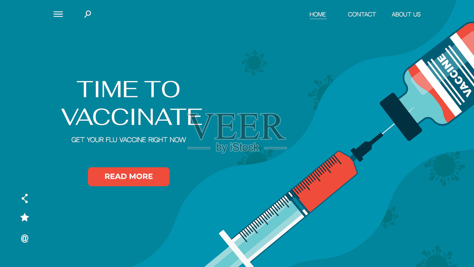 时间接种网页模板。流感疫苗的医学概念。Covid疫苗网站插图。预防大流行的世界免疫。用针和疫苗瓶注射设计模板素材