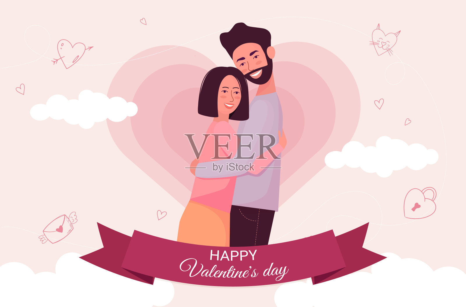 情人节情人的平面插图在粉红色的背景与云插画图片素材