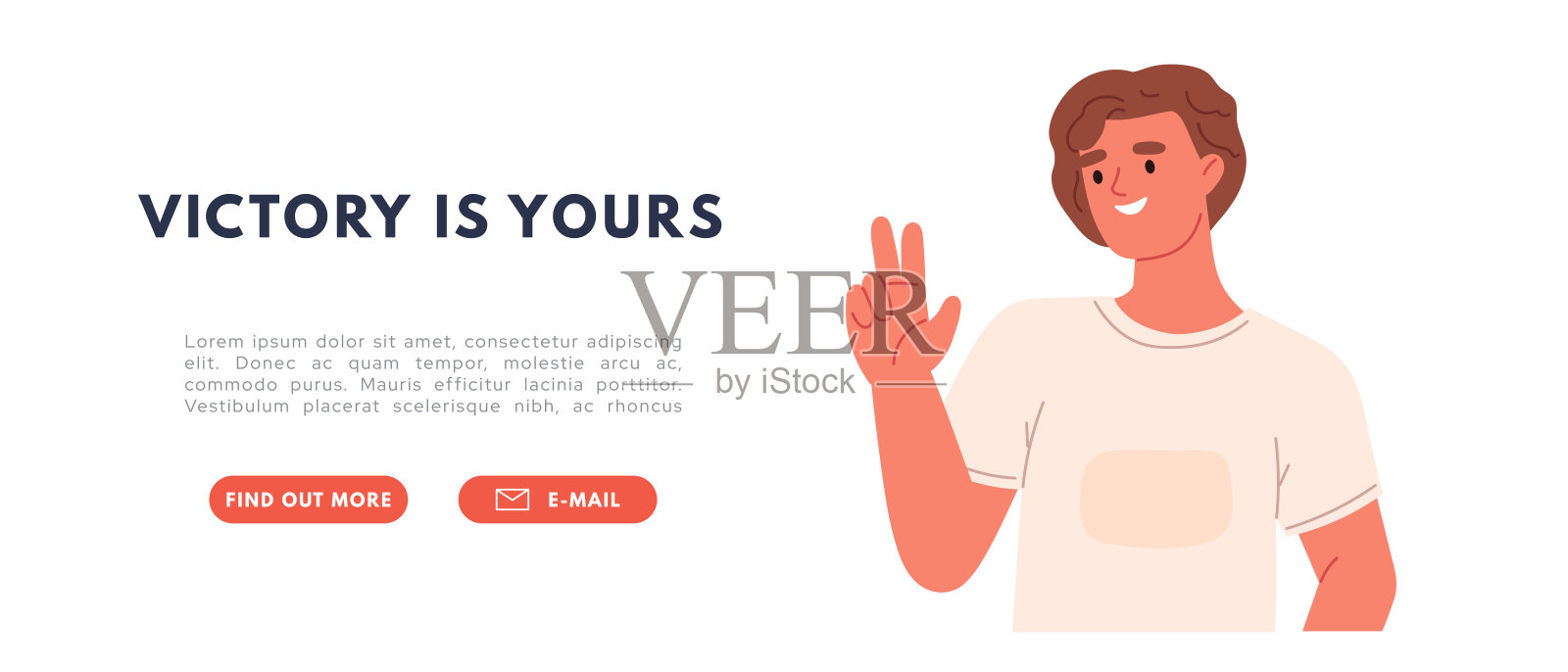 快乐的男人用双手和两个手指做胜利手势。打和平信号的人。男性角色的情感和表情。平面矢量图插画图片素材