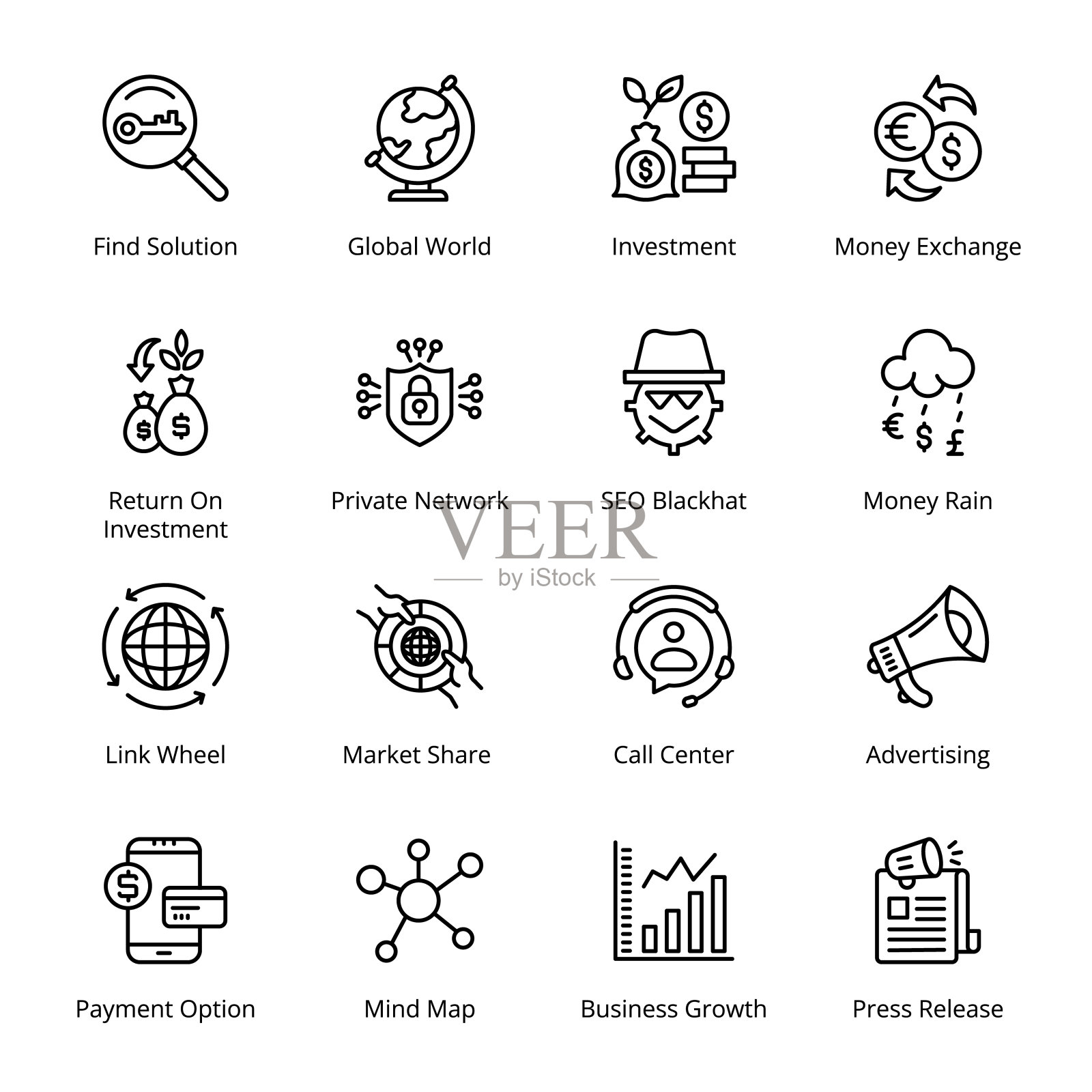 呼叫中心，广告，寻找解决方案，全球世界，投资，货币交换，链接轮，市场份额，支付选项，思维导图，业务增长大纲图标-笔触，向量插画图片素材