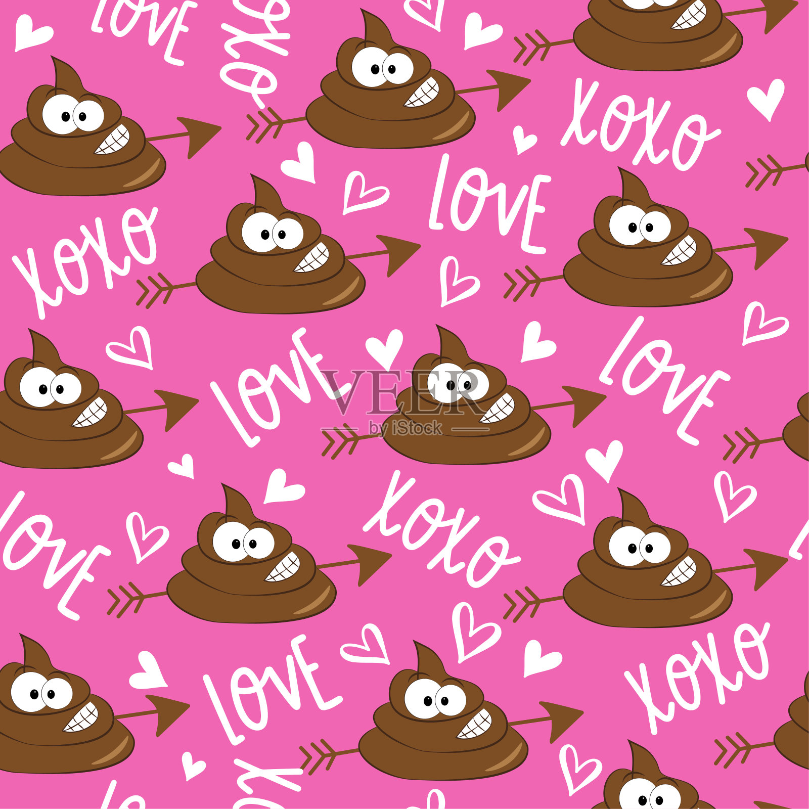 可爱的心形和便便情人节粉色背景无缝图案插画图片素材