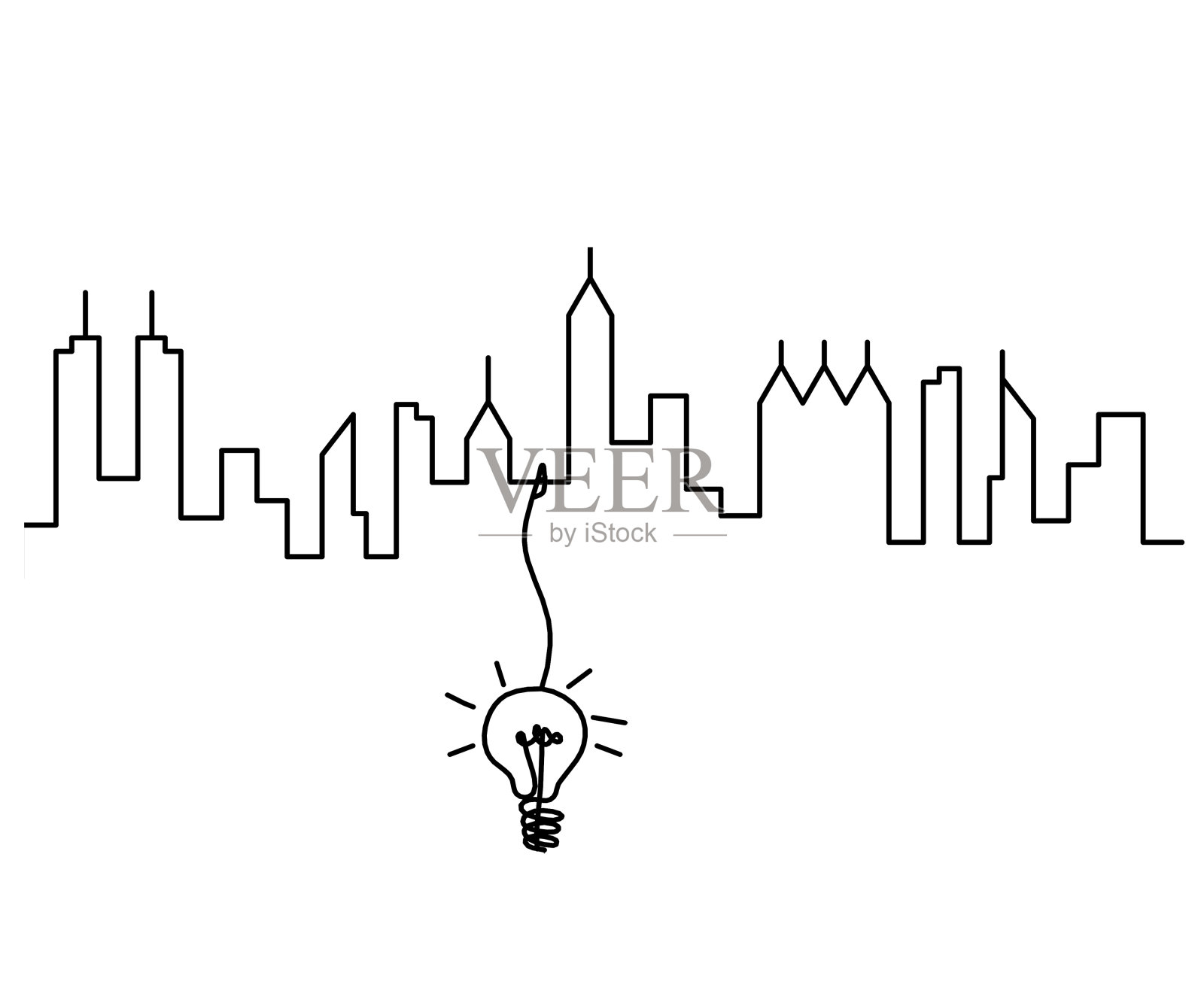 抽象的全景景观，灯泡作为连续线条画在白色上插画图片素材