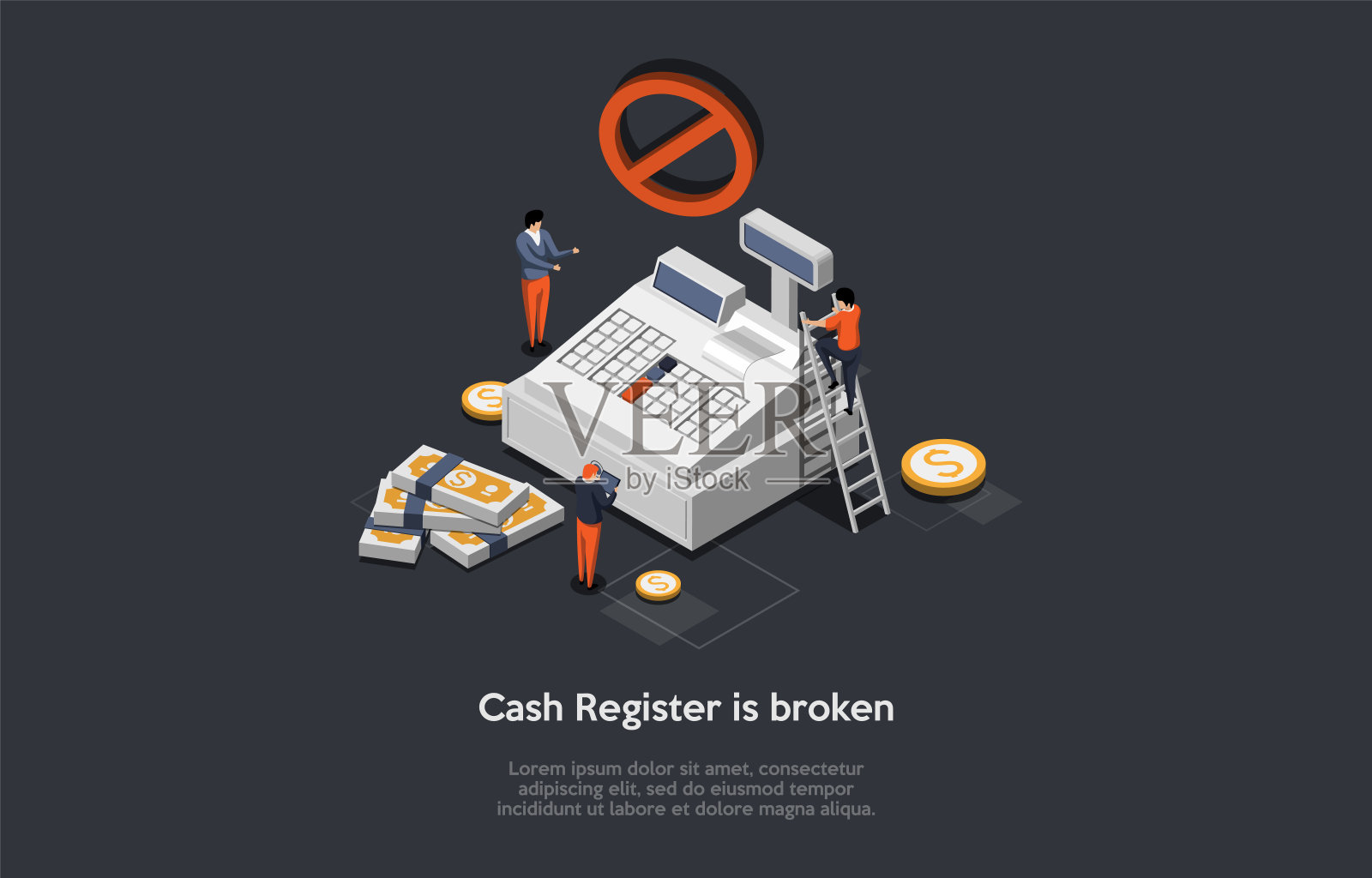 收银机维修服务。网上服务维修坏掉的收银机。收银机，自动付款计数。网上银行及现金终端机。等距三维矢量插图插画图片素材