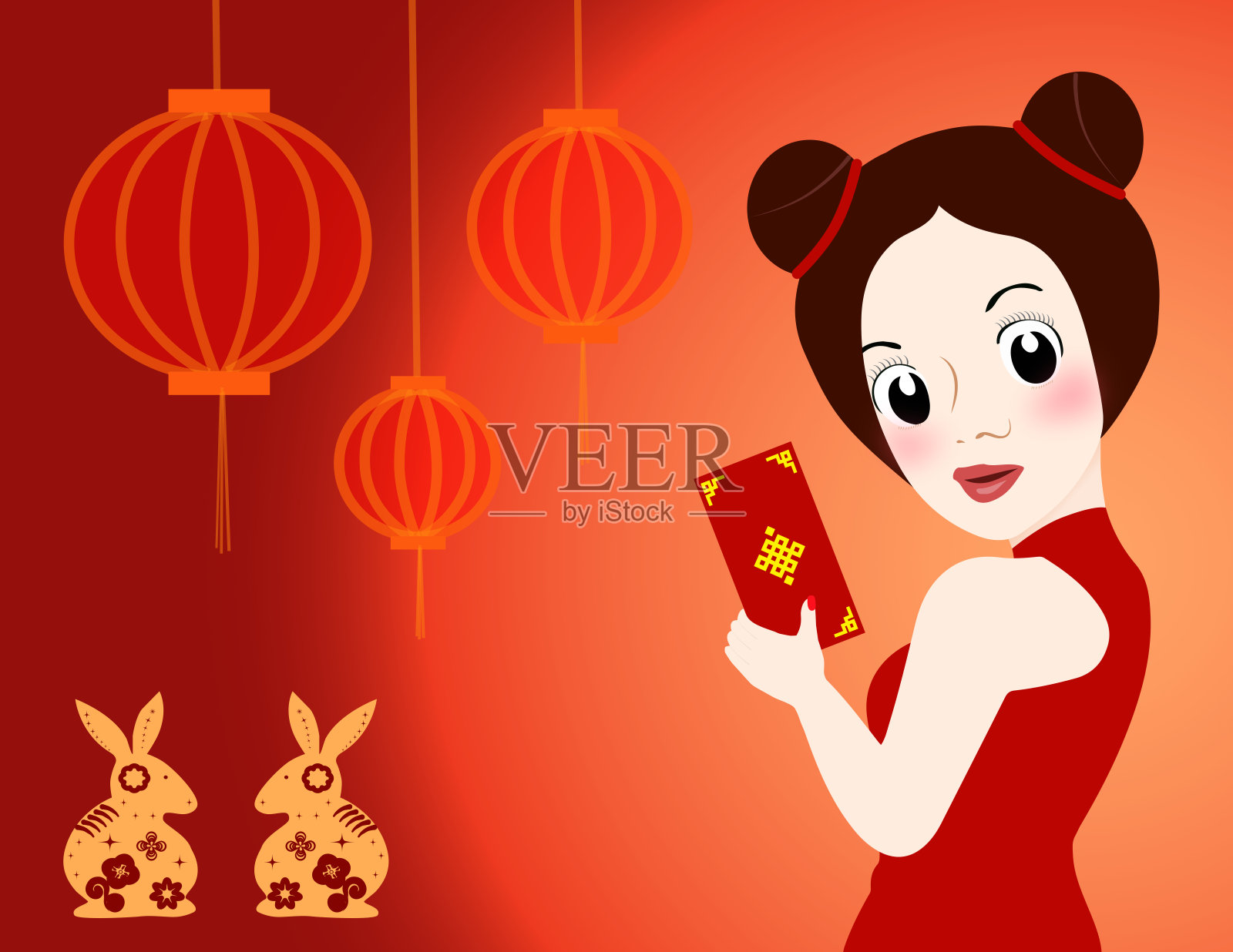 亚洲妇女在中国新年穿着传统的红色旗袍。插画图片素材