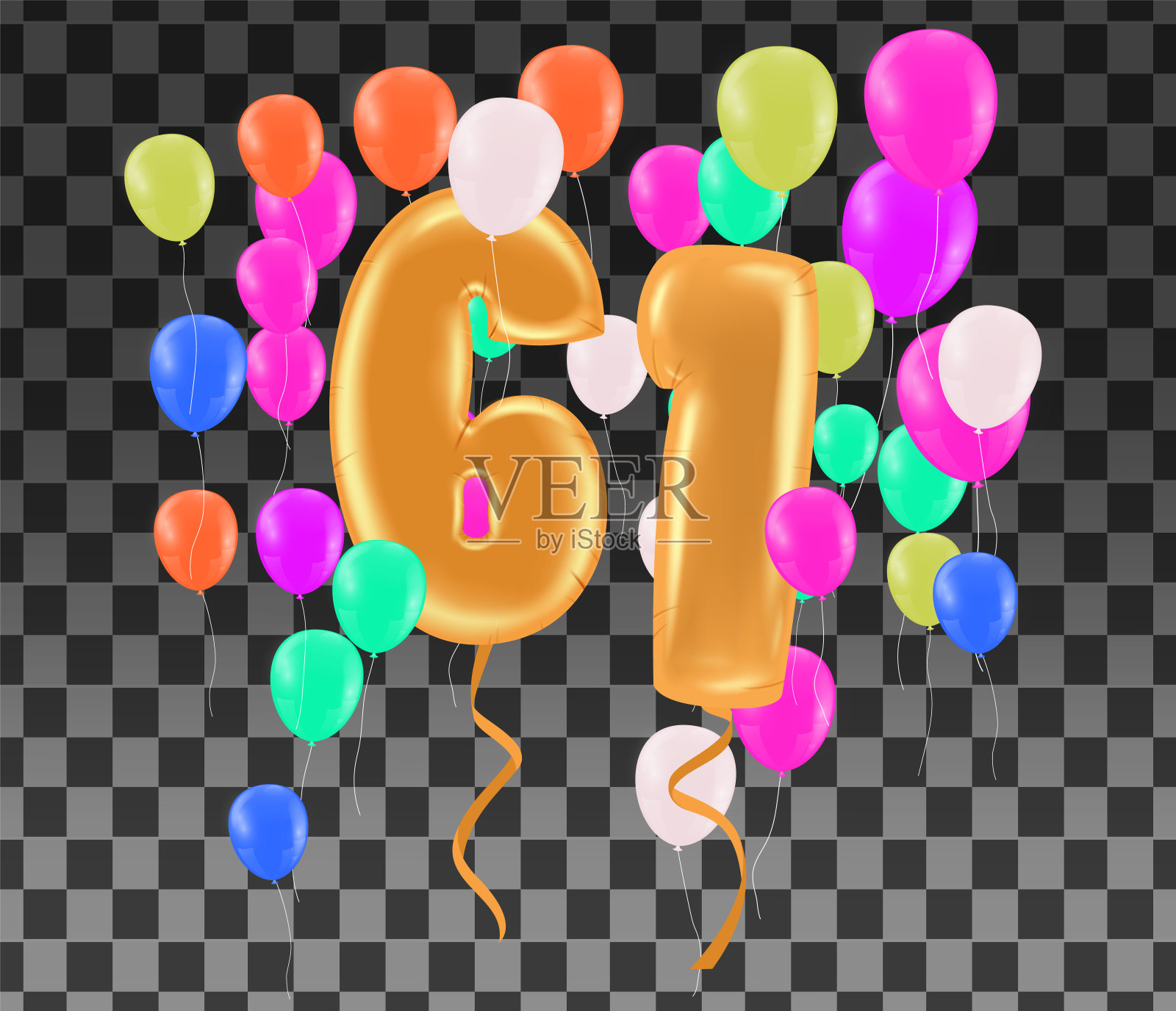 庆祝61岁生日生日快乐，祝贺海报。气球上点缀着闪闪发光的彩纸。向量插画图片素材
