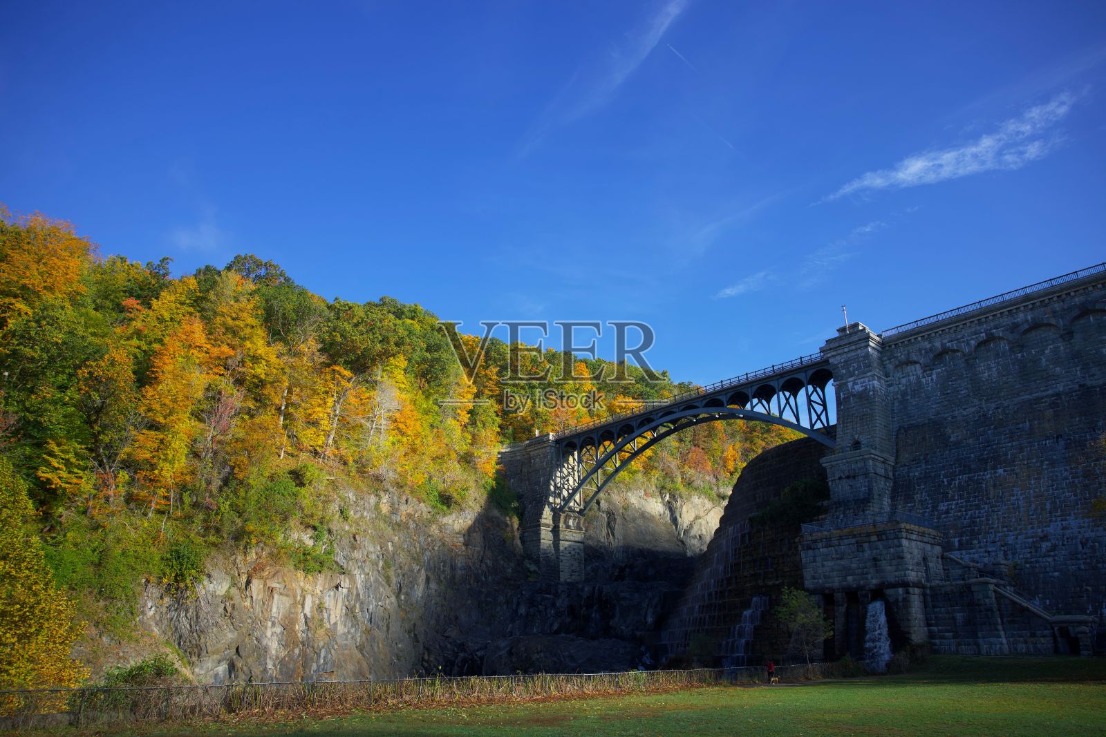 桥被绿草和树木覆盖在落基山脉上照片摄影图片