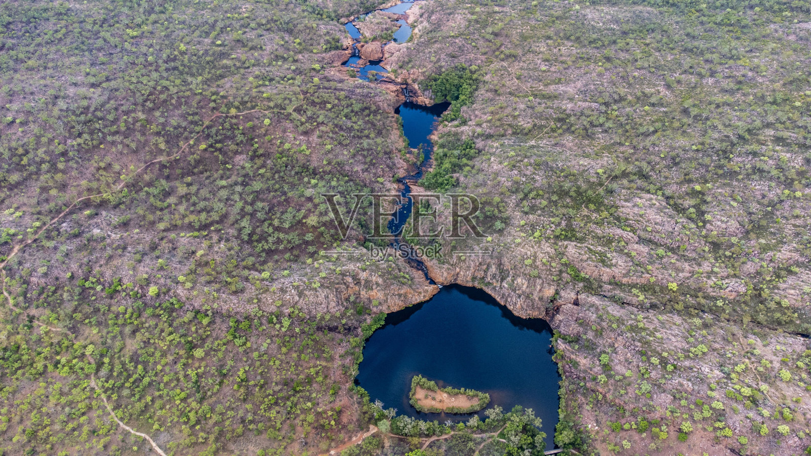 鸟瞰被树木覆盖的悬崖包围的河流照片摄影图片