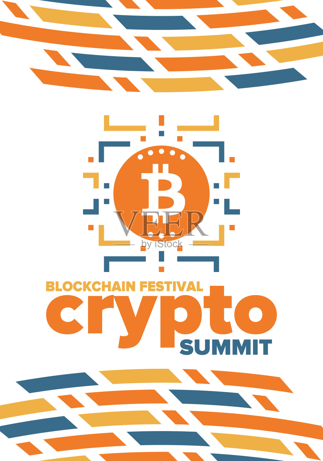 加密峰会。区块链节。数字货币和智能在线技术。金融，银行和商业插图。Cryptocurrency挖掘。比特币的标志。平面设计。向量的海报插画图片素材