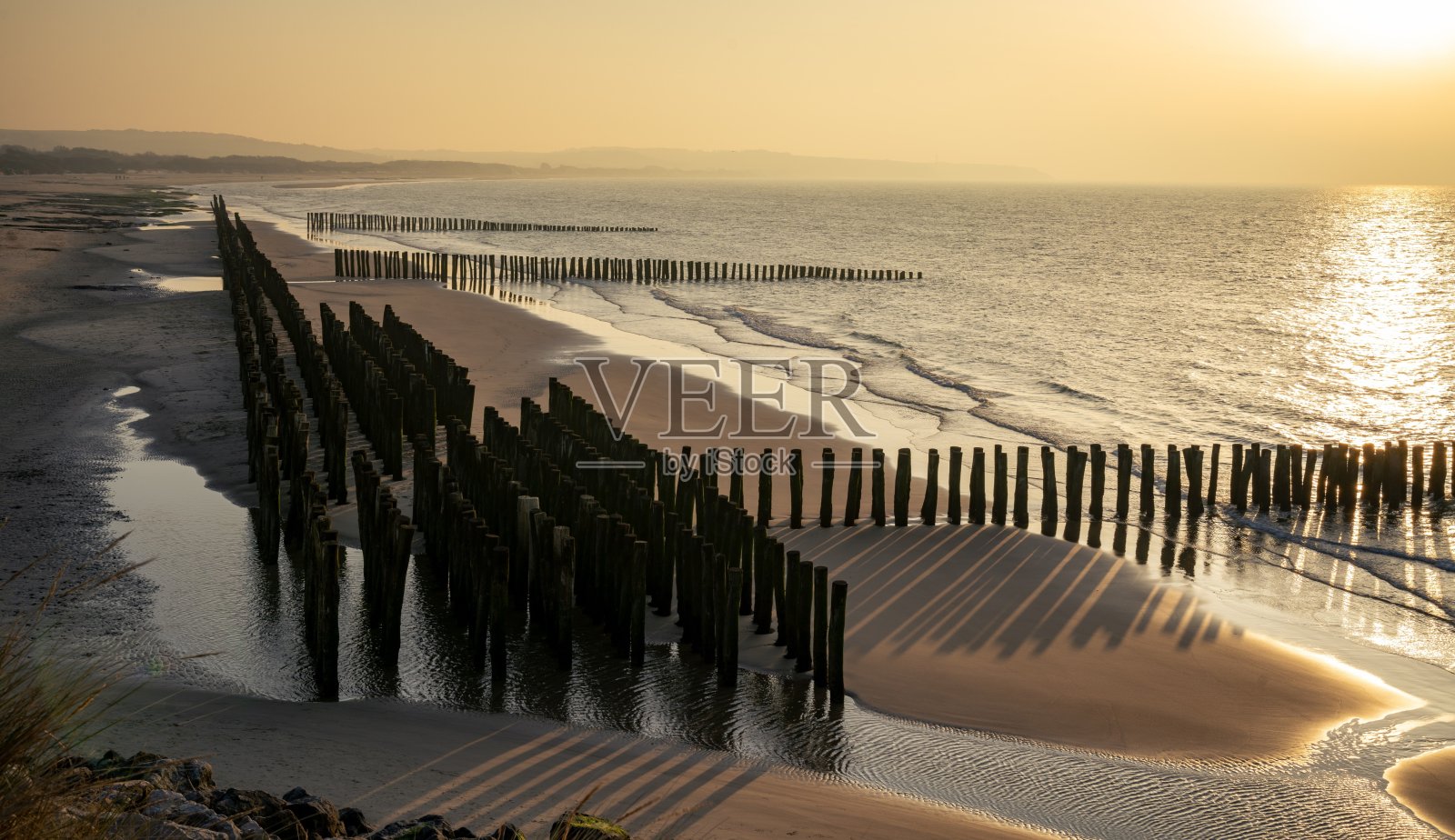 日落时分，海滩上一排排的原木的海景照片摄影图片