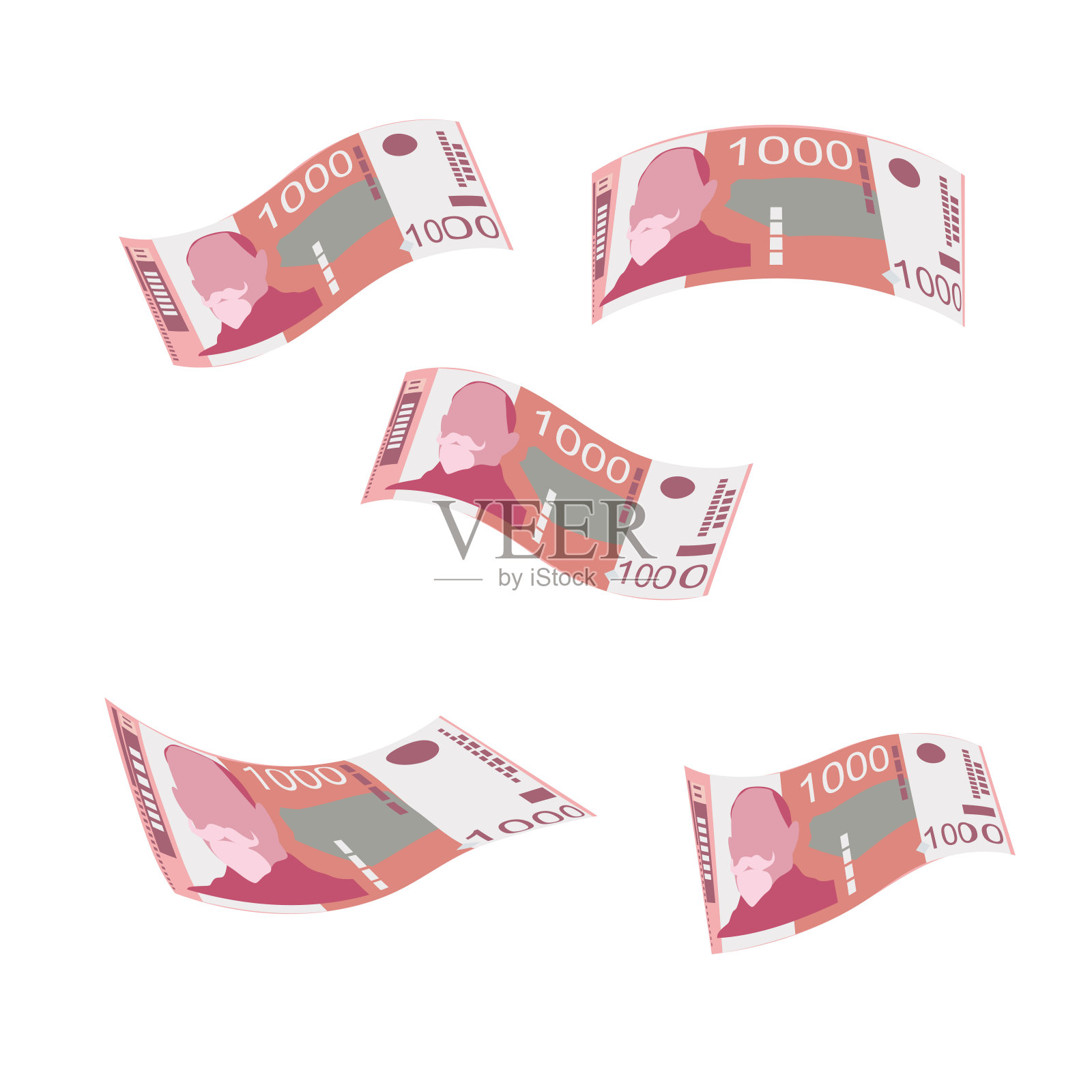 塞尔维亚第纳尔矢量插图。塞尔维亚、科索沃货币套装捆绑钞票。坠落，飞钱1000 RSD。平的风格。孤立在白色背景上。简单的最小设计插画图片素材