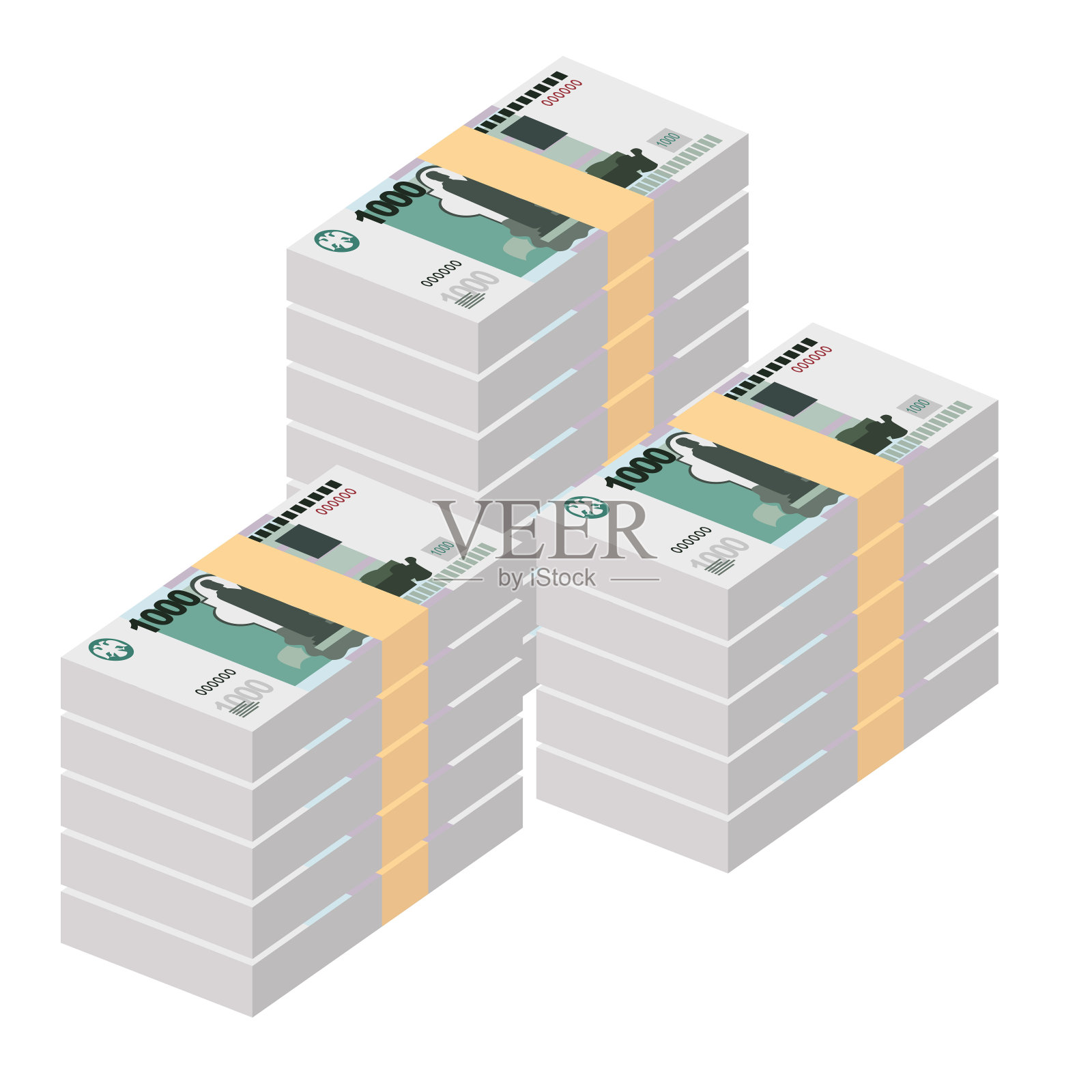 俄罗斯卢布矢量插图。俄罗斯货币套装捆绑钞票。纸币1000搓。平的风格。孤立在白色背景上。简单的最小设计。插画图片素材