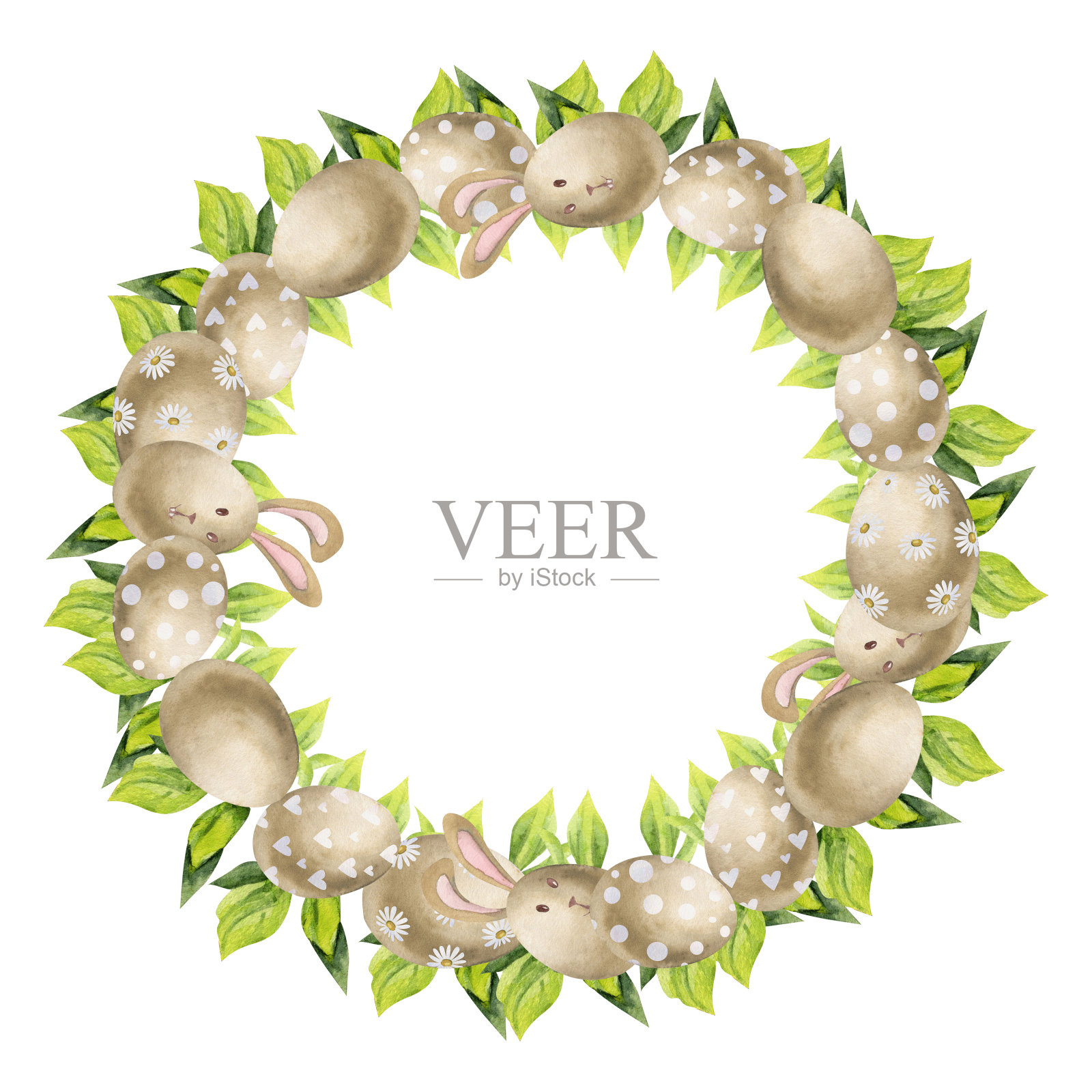 水彩手绘复活节庆祝剪纸。用鸡蛋、兔子、蝴蝶结和春天的叶子围成花环。孤立在白色背景上。设计邀请，礼物，贺卡，印刷，纺织插画图片素材