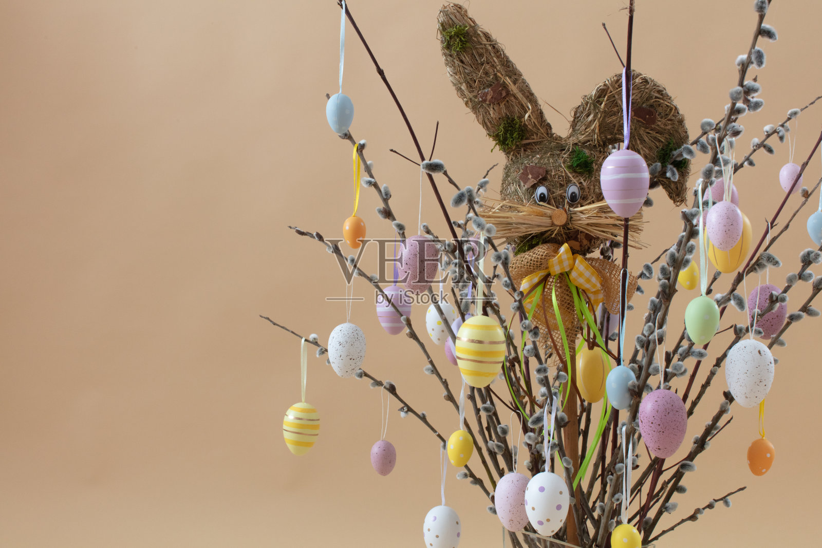 柳枝上的彩色复活节彩蛋，中间是干草兔照片摄影图片