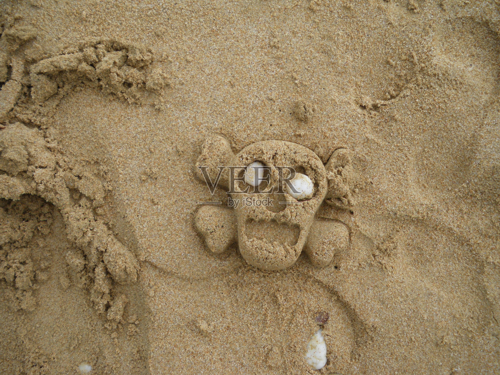 沙滩上用沙子做成的人类头骨照片摄影图片