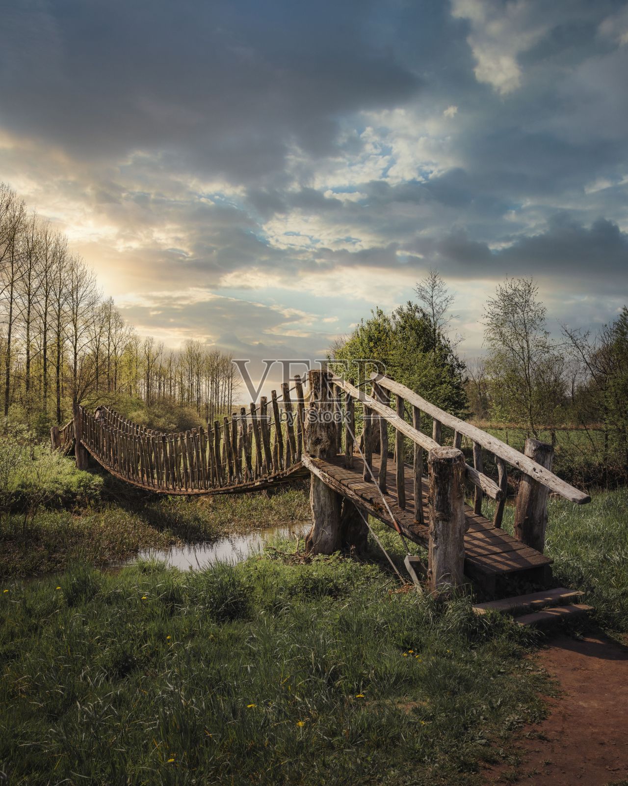 荷兰斯波顿克木制步行桥的垂直拍摄照片摄影图片