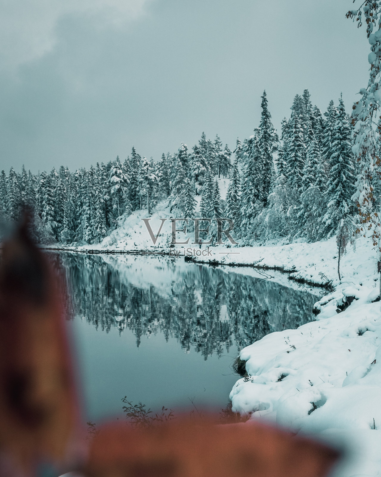 森林中的冬季景观，冰冻的湖泊和雪上的冷杉树照片摄影图片