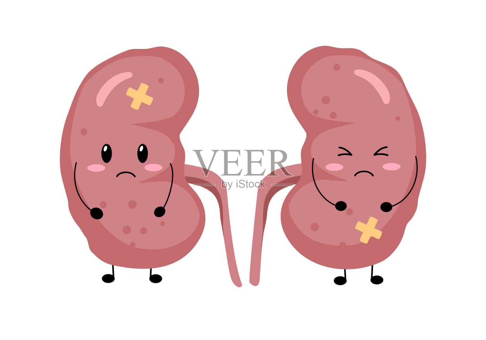 可爱的伤心生病的肾脏卡通人物在平面设计的白色背景。不健康肾脏疾病概念载体插图。插画图片素材