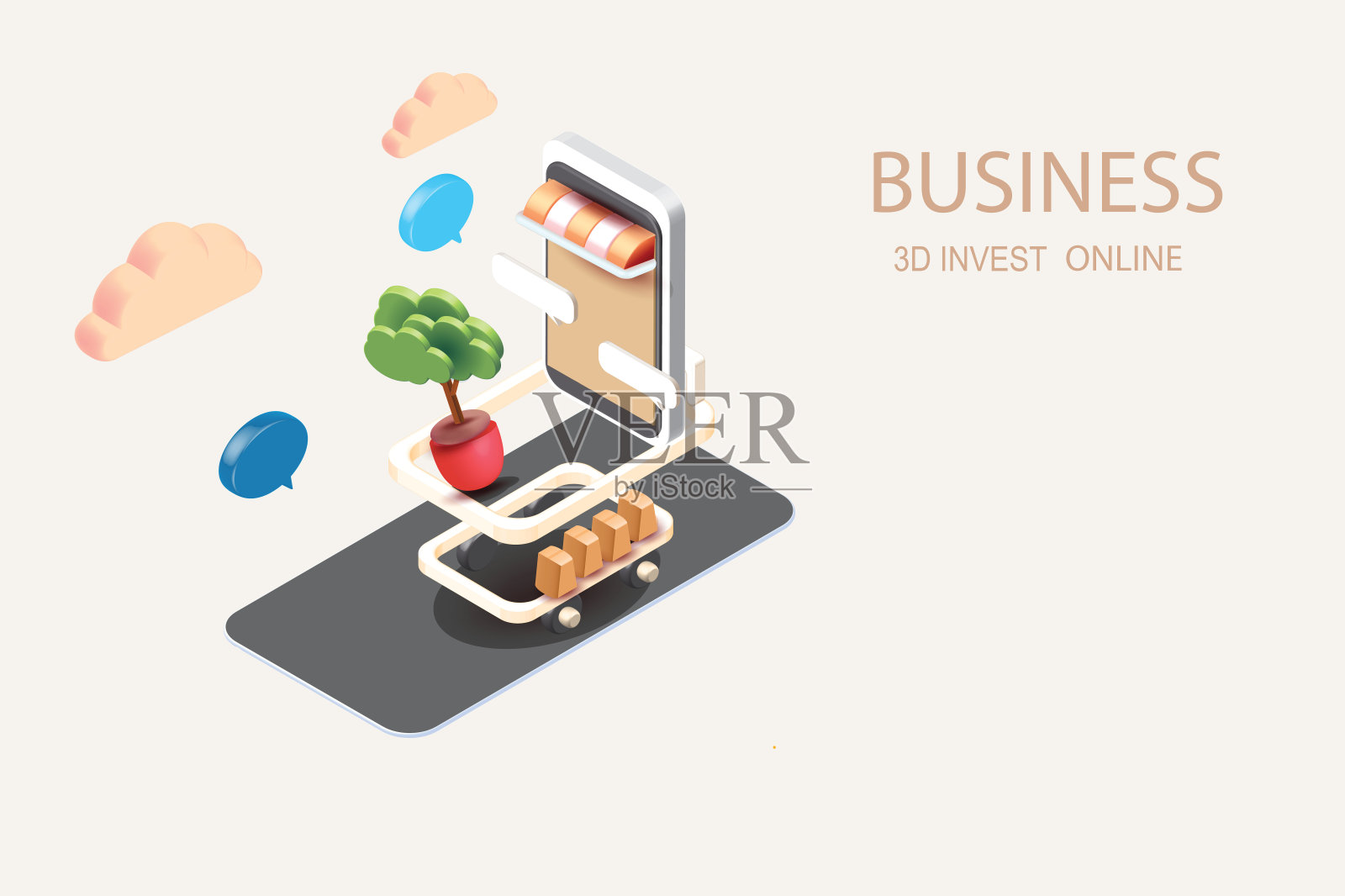 三维矢量等距渲染网上购物与手机使用标签促销或现金横幅。网上通过智能手机。商店购买篮子零售商店在电子商务插画图片素材