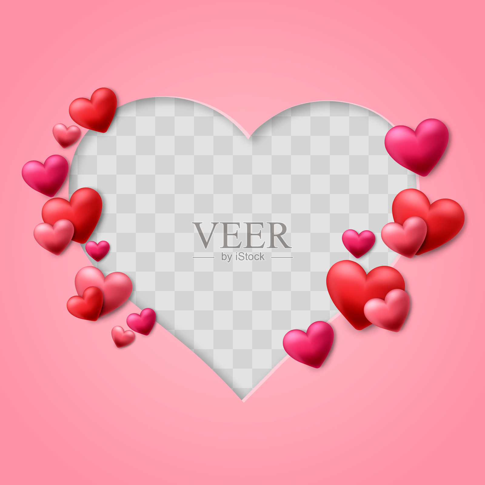 3D矢量心形设计，适用于妇女节、母亲节、情人节和生日庆祝活动，红色和粉色心形透明背景插画图片素材