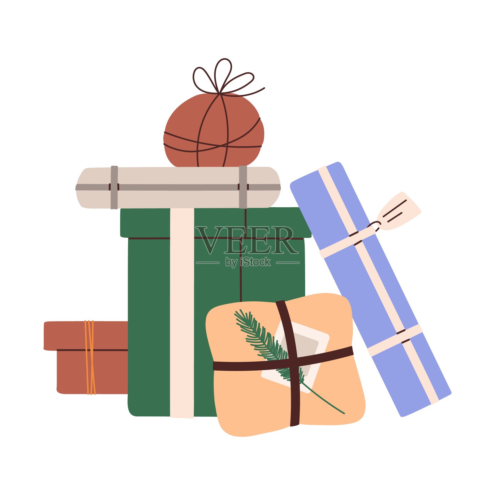 节日礼品盒里堆满了节日包装纸。很多礼物包装装饰有丝带，蝴蝶结，绳子，树枝。用纸包装的惊喜。平面矢量插图孤立在白色背景上插画图片素材