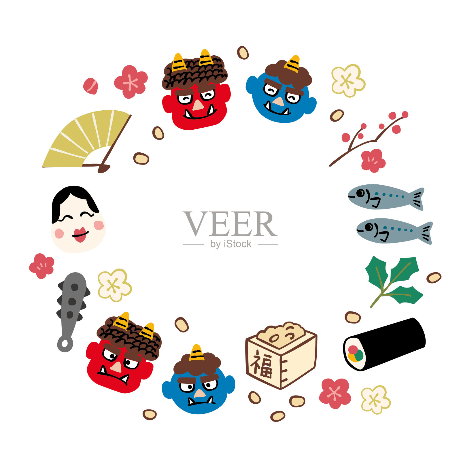 用日本传统事件Setsubun图标装饰的矢量框架插图插画图片素材