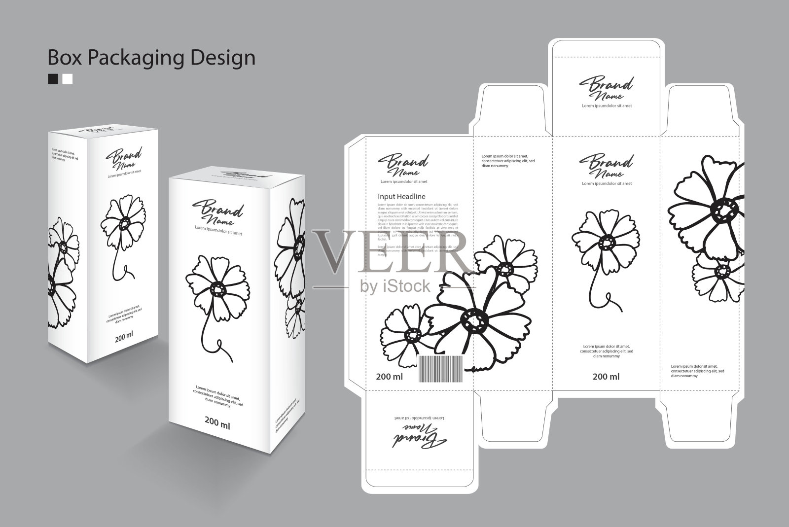 盒子，包装设计模板化妆品，补充，水疗，美容，食品，头发，皮肤，乳液，药物，面霜。包装设计创意。盒子3d，花艺概念，黑色的花标志矢量插画图片素材