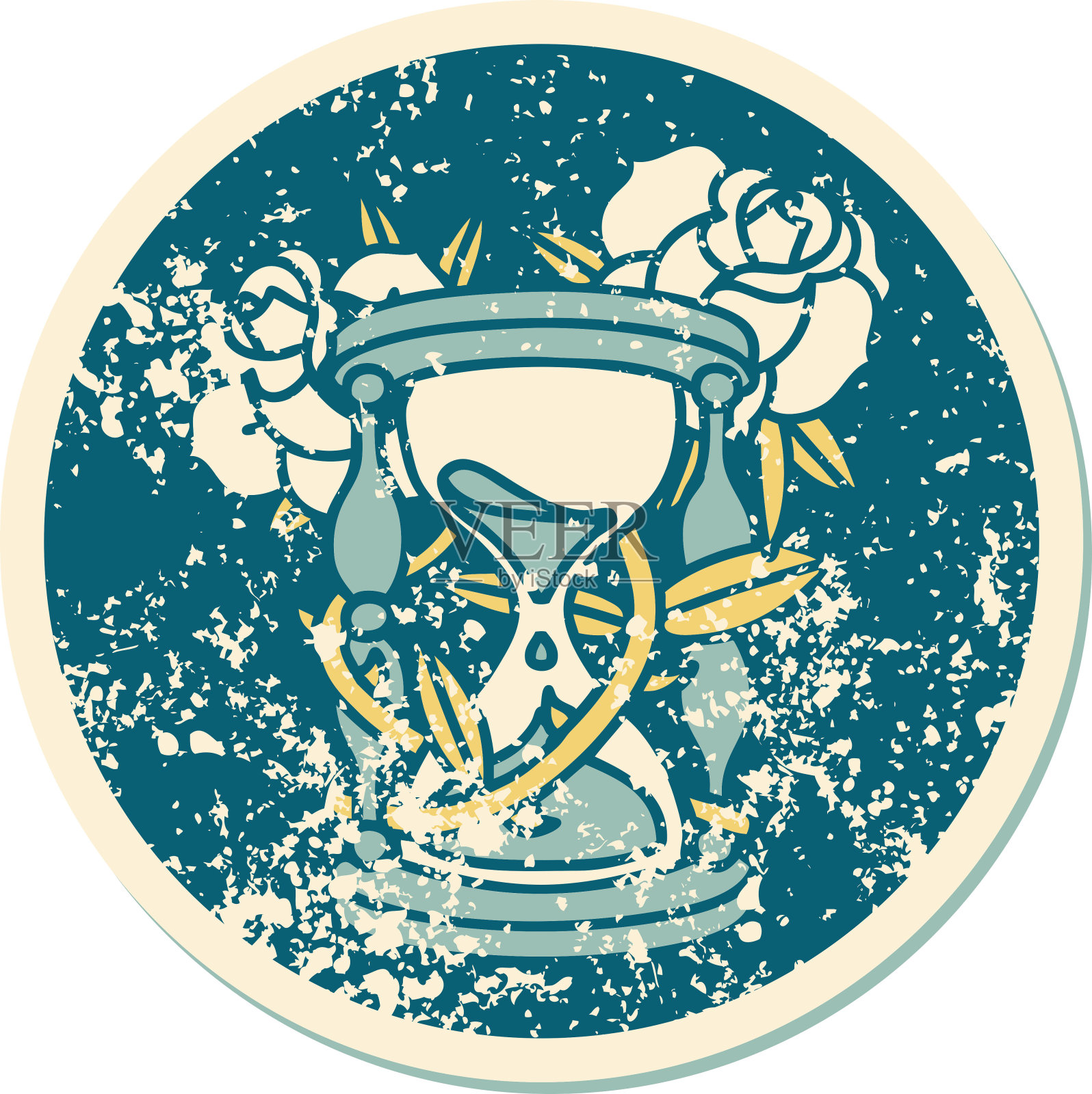 标志性的心疼贴纸纹身风格的一个沙漏和花的形象插画图片素材