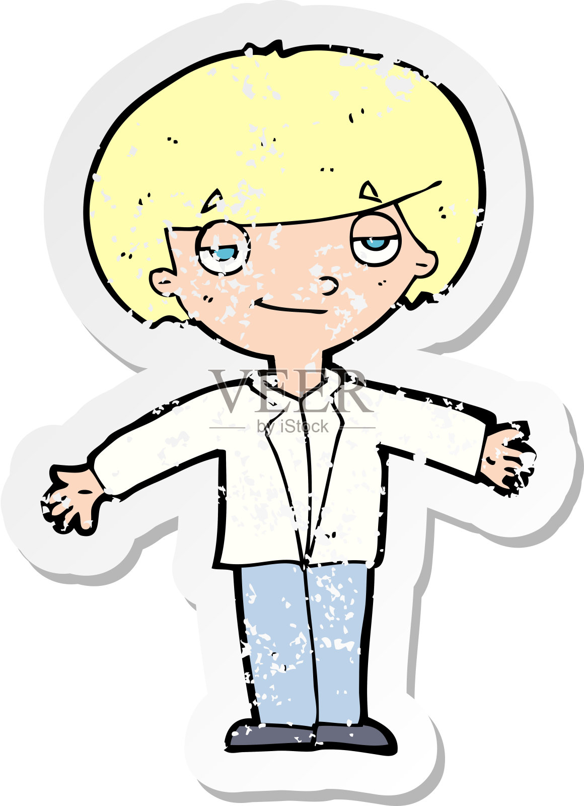 一个自鸣得意的卡通男孩的复古心疼贴纸插画图片素材