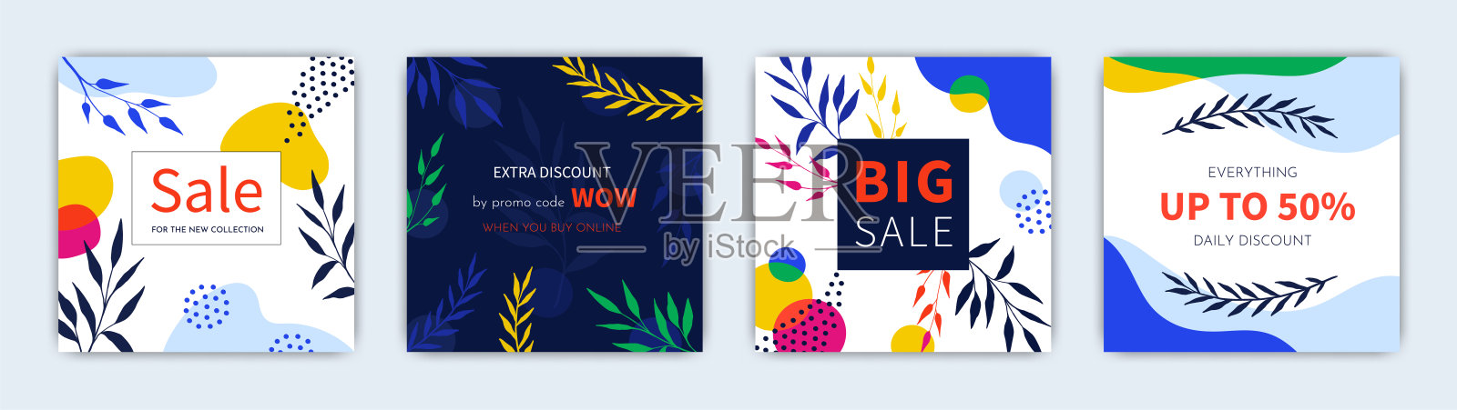 抽象的花朵背景，夏天的图案。春季花卉框架，现代叶卡，孟菲斯风格明亮多彩的广场销售海报收集与植物和涂鸦。矢量设计模板插画图片素材