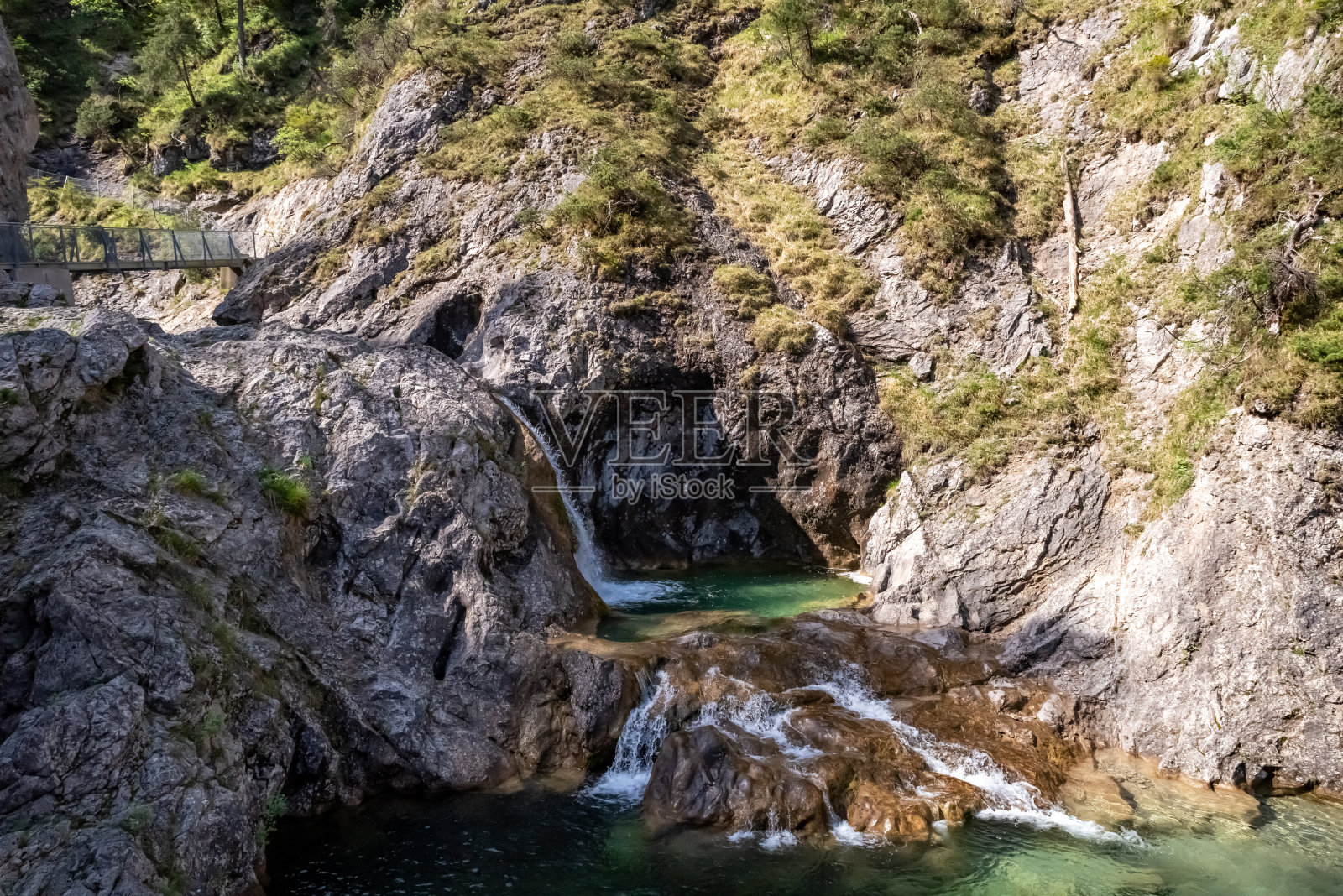 在一个阳光灿烂的日子，俯瞰小斯图本瀑布，奥地利。美丽自然中的小瀑布。照片摄影图片