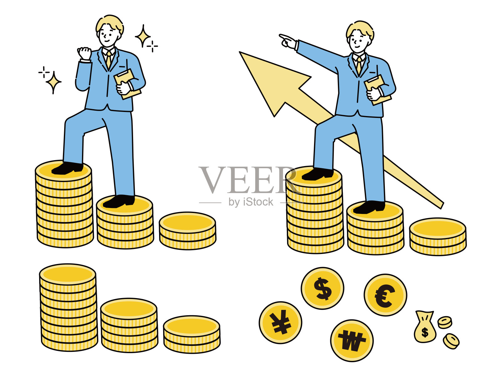 储蓄，存钱的插图。储蓄，房子，贷款，付款，单身，家庭，储蓄，钱，兼职。插画图片素材